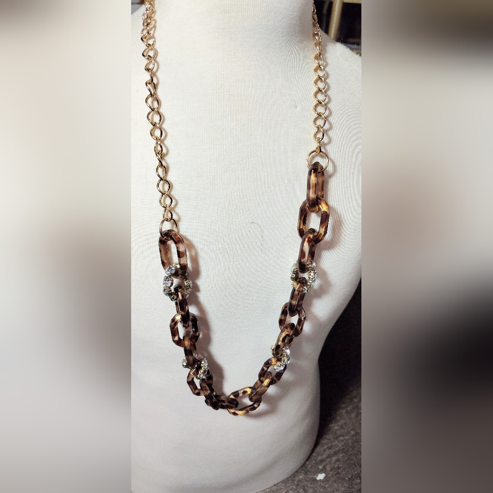 Tortoise Shell Gold Chain Long Necklace with Crystal Accents NWOT